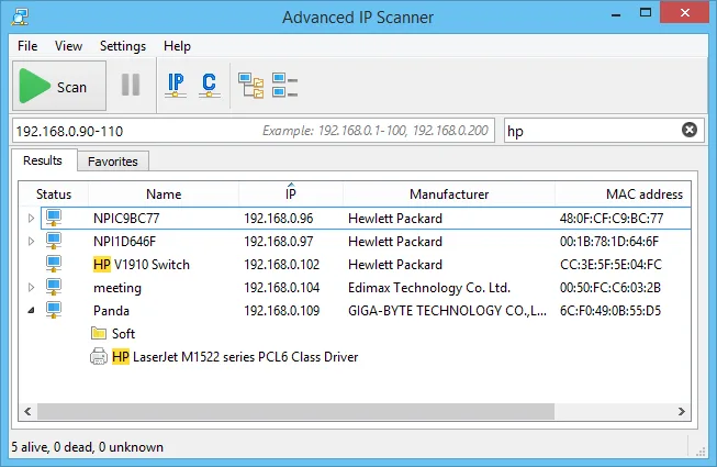 Advanced IP Scanner: scan results window