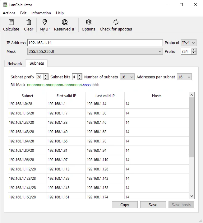 LizardSystems LanCalculator: Subnets tab with a /24 split into /28 networks