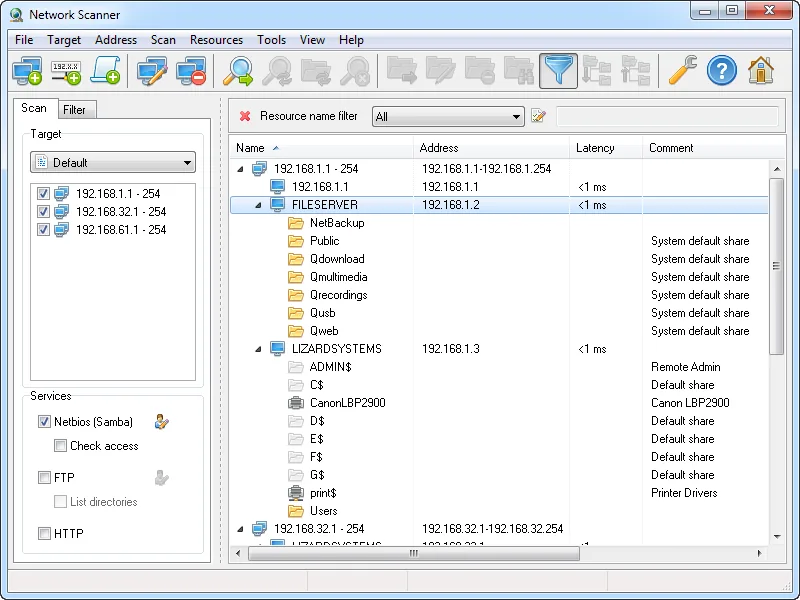 LizardSystems Network Scanner: main window with shares found on scanned hosts
